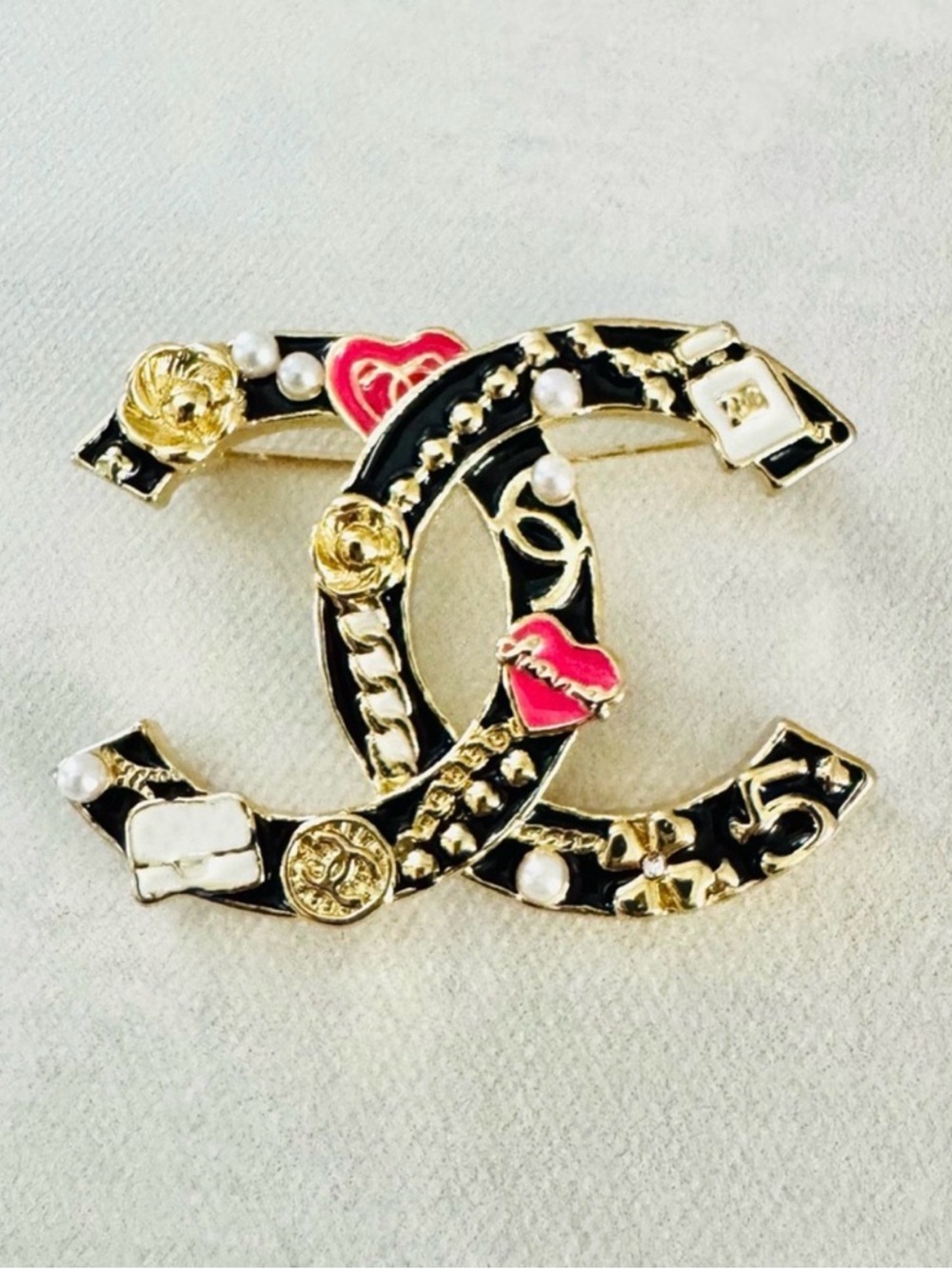 Fashion Black, Gold Brooch with Double CC Logo design, unbranded
